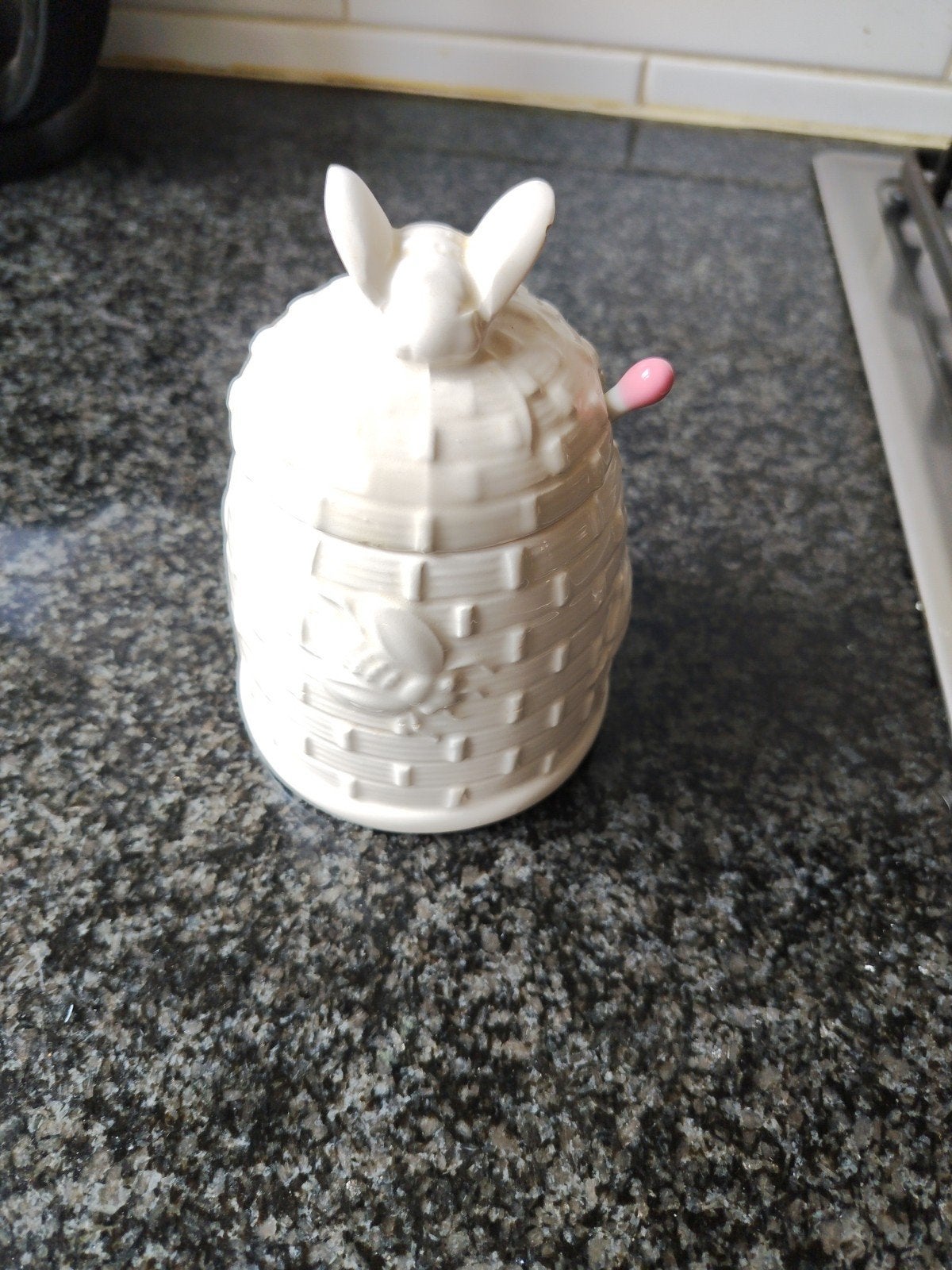 Honingpot in de vorm van een bijenkorf met lepel, Ophalen, Steen/keramiek, Wit, Overige merken