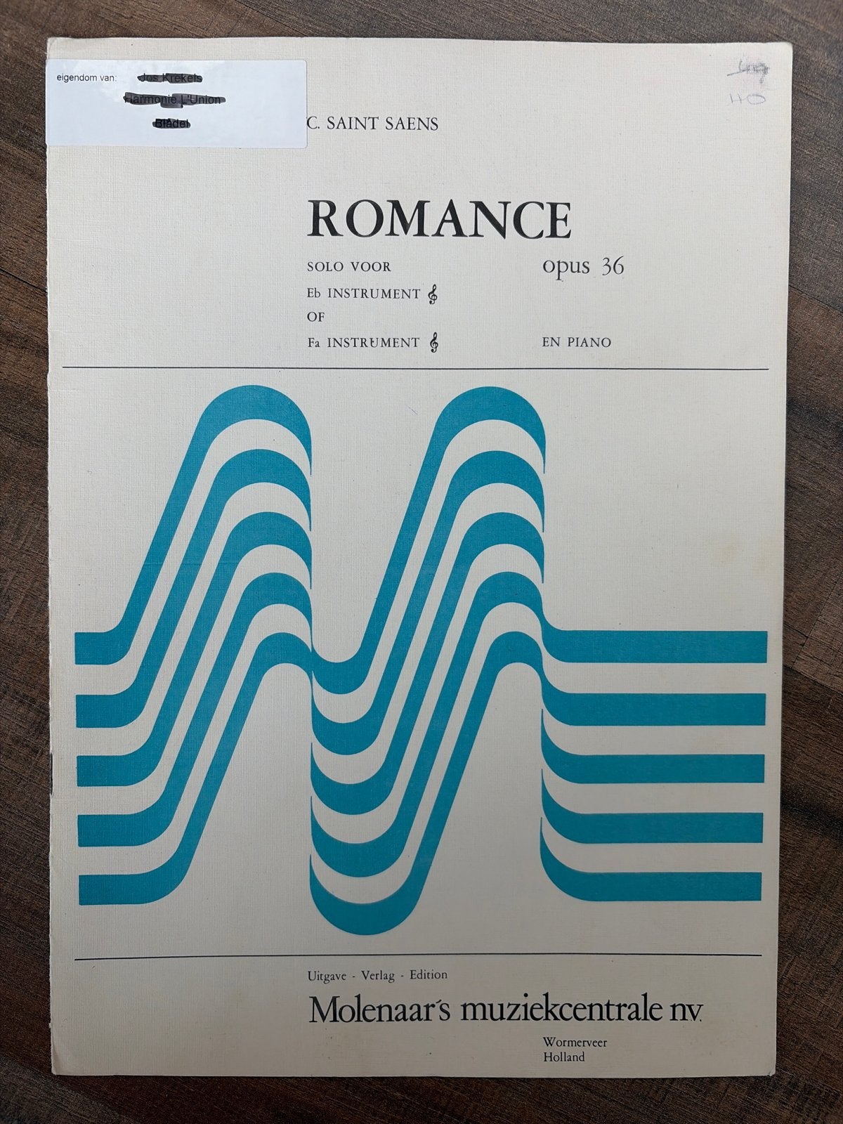 C. Saint-Saëns Romance Opus 36 voor Es Hoorn en Piano, Muziek en Instrumenten, Gebruikt, Klassiek, Ophalen of Verzenden, Artiest of Componist