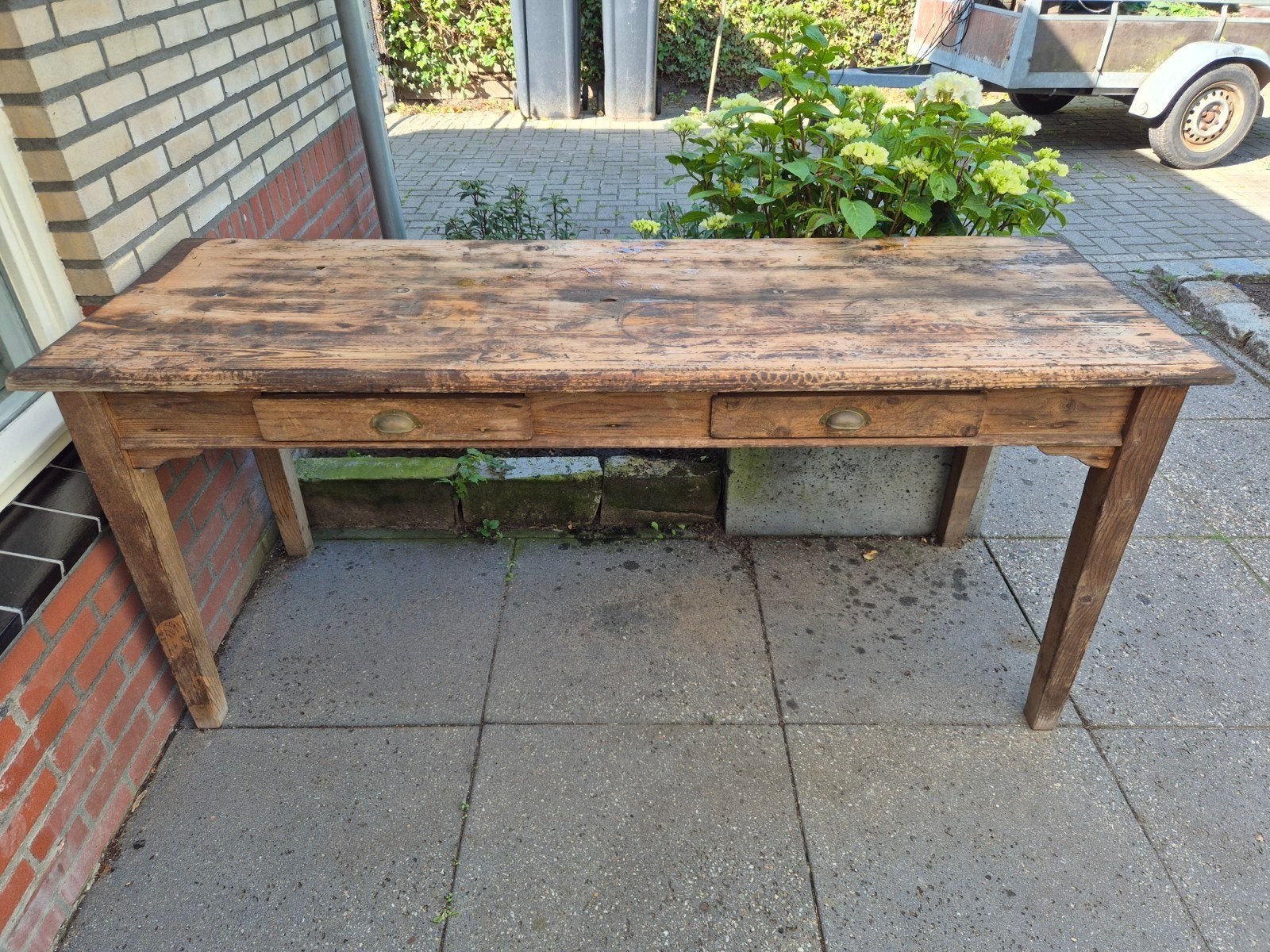 Robuuste grenen tafel 180x60cm met 2 lades. Sidetable, Ophalen