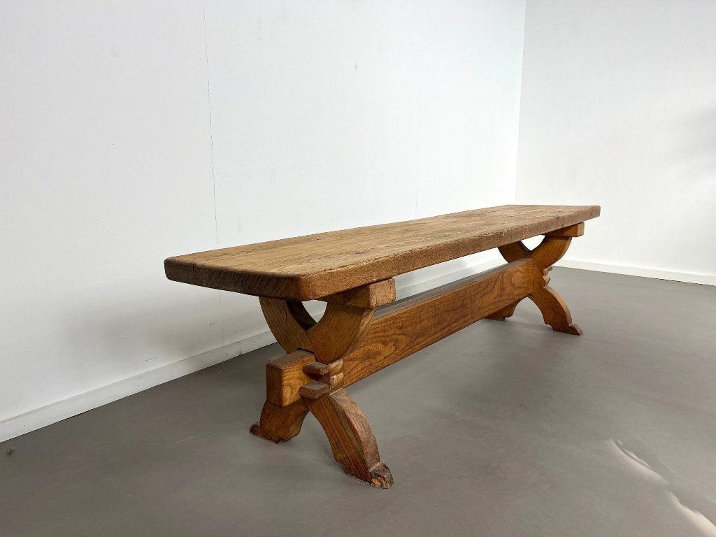 Franse brutalistische bank van massief eikenhout, jaren 60, Antiek en Kunst, Antiek | Meubels | Stoelen en Banken, Ophalen
