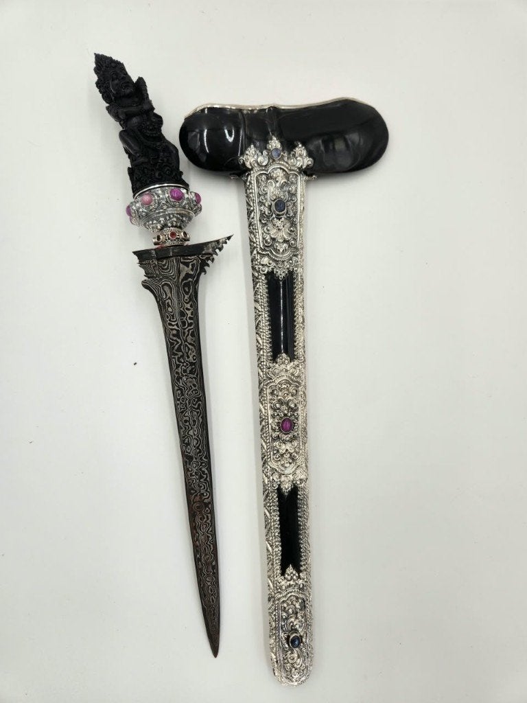 Keris Bali Lurus Pedaringan Kebak Buffalohoorn Zilver KTC64, Verzenden, 45 cm, Overige materialen, Indonesië