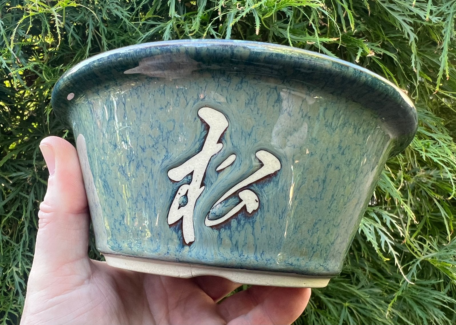 Bonsai pot groen-blauw tinten geglazuurd Japans 17,9x7,5, Rond, Ophalen of Verzenden, Zo goed als nieuw, Aardewerk