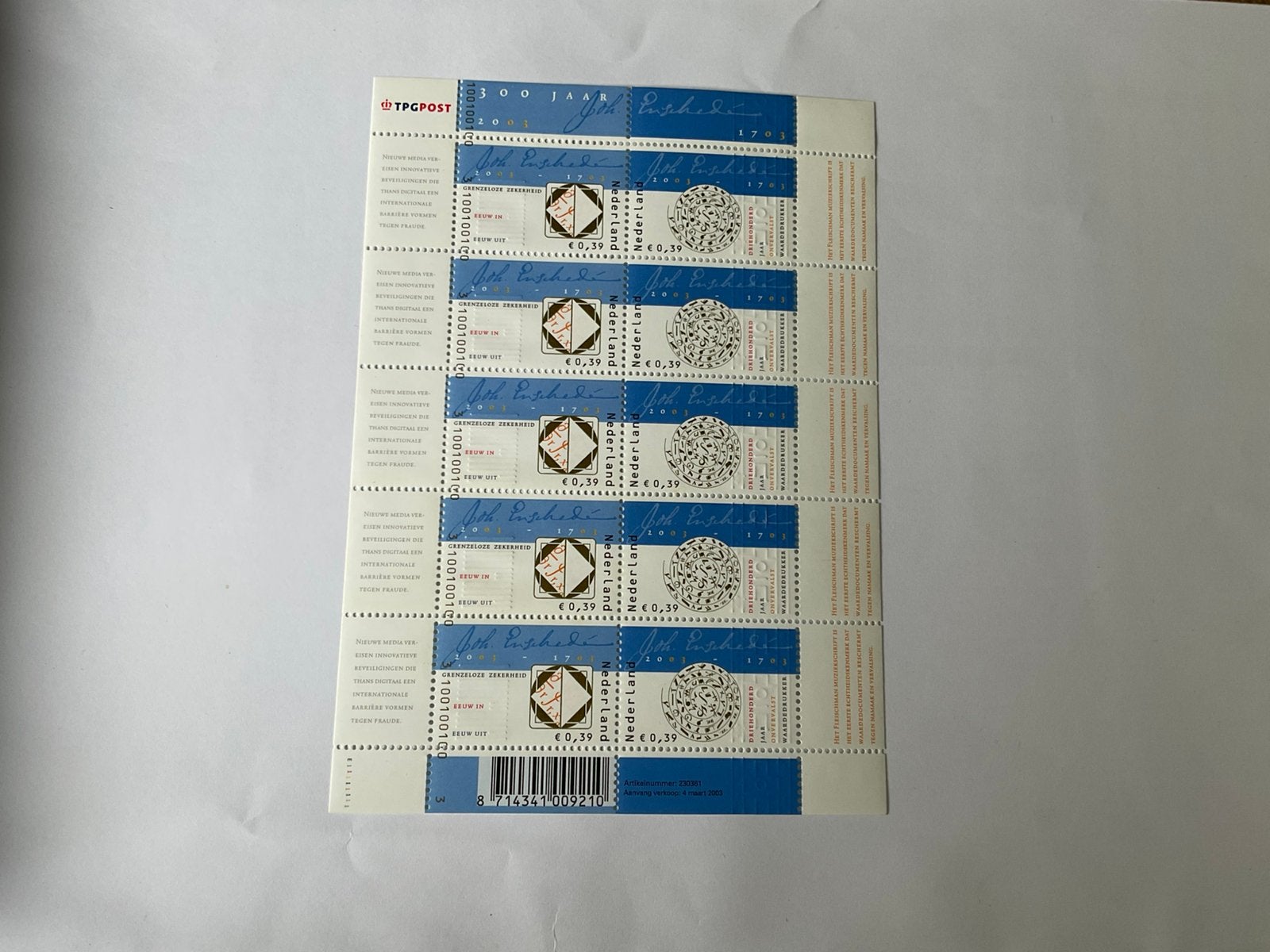 Velletje 300 jaar Johan Enschede, Postzegels en Munten, Verzenden, Na 1940, Postfris