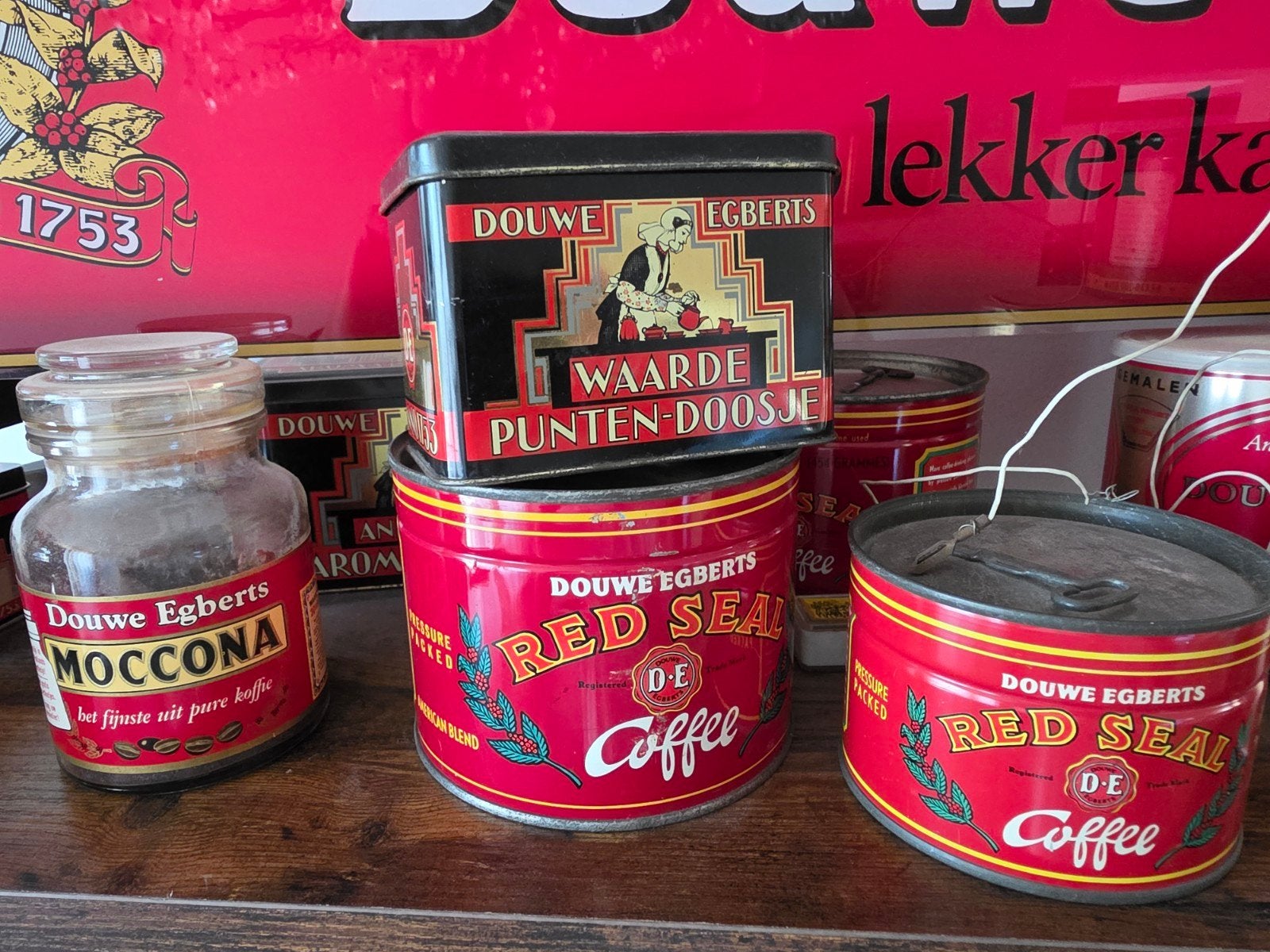 Vintage Douwe Egberts Koffieblikken en Moccona Pot, Verzamelen, Ophalen of Verzenden, Gebruikt, Koffie, Douwe Egberts