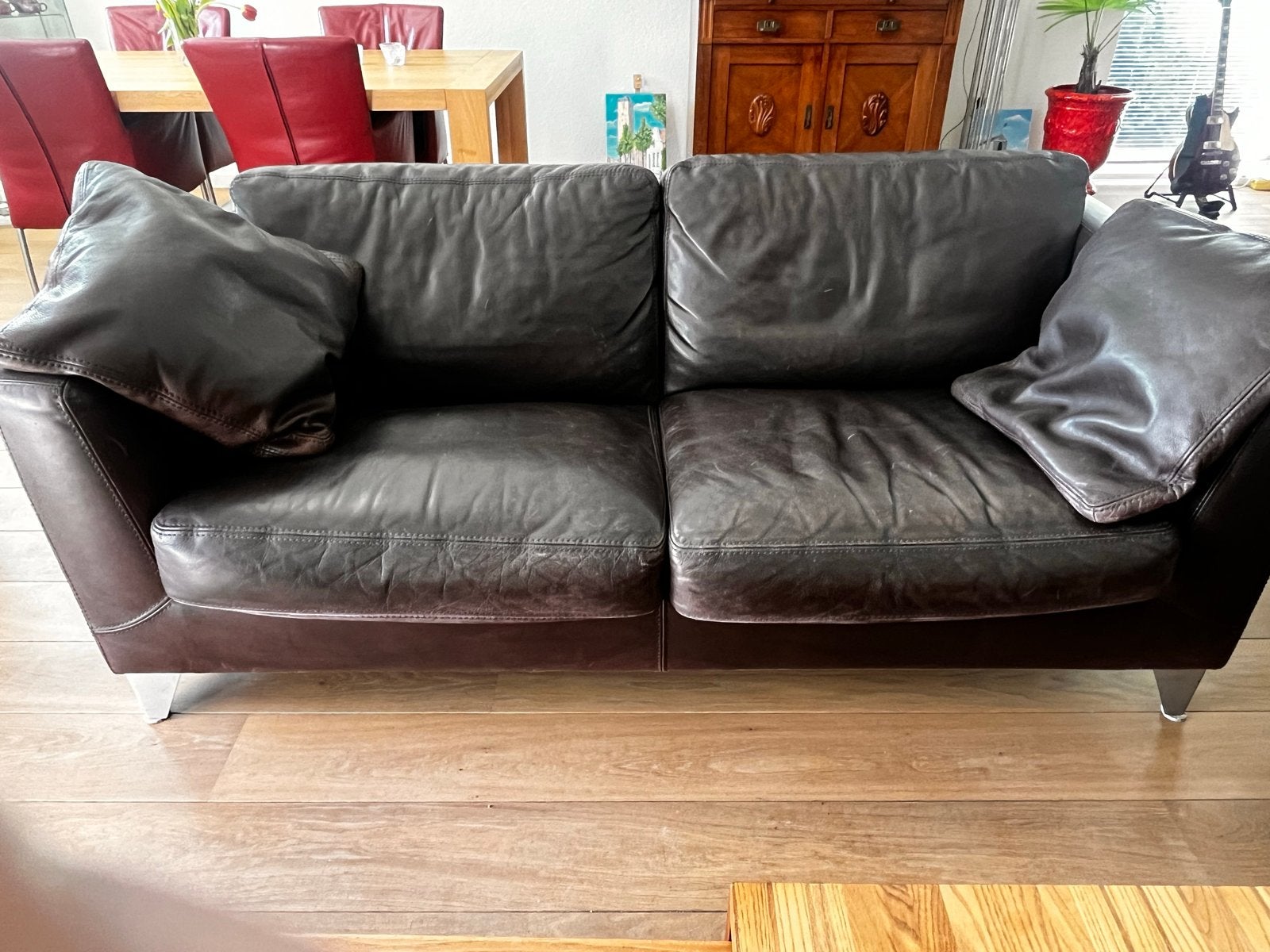 Bruin leren Machalke banken- 3-en 2,5 zits., Huis en Inrichting, Ophalen, Gebruikt, Rechte bank, 200 tot 250 cm