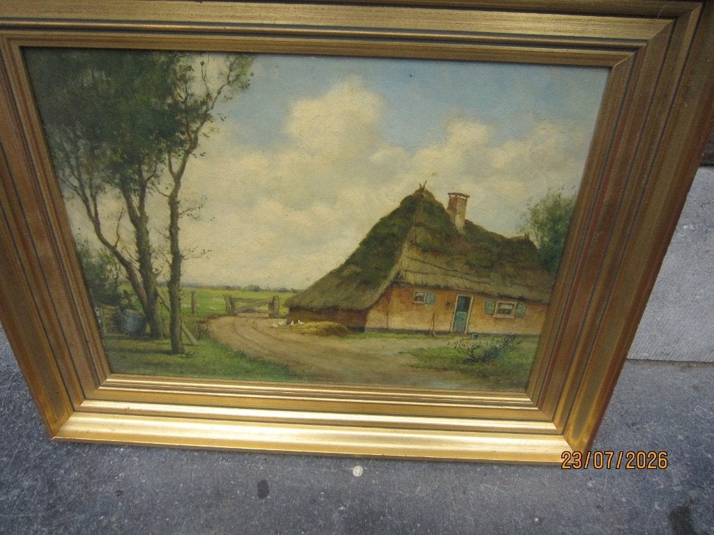Mooi Boerderij tafereel Olieverfpaneel met kippen op het erf, Ophalen, Paneel, Expressionistisch, Landschap