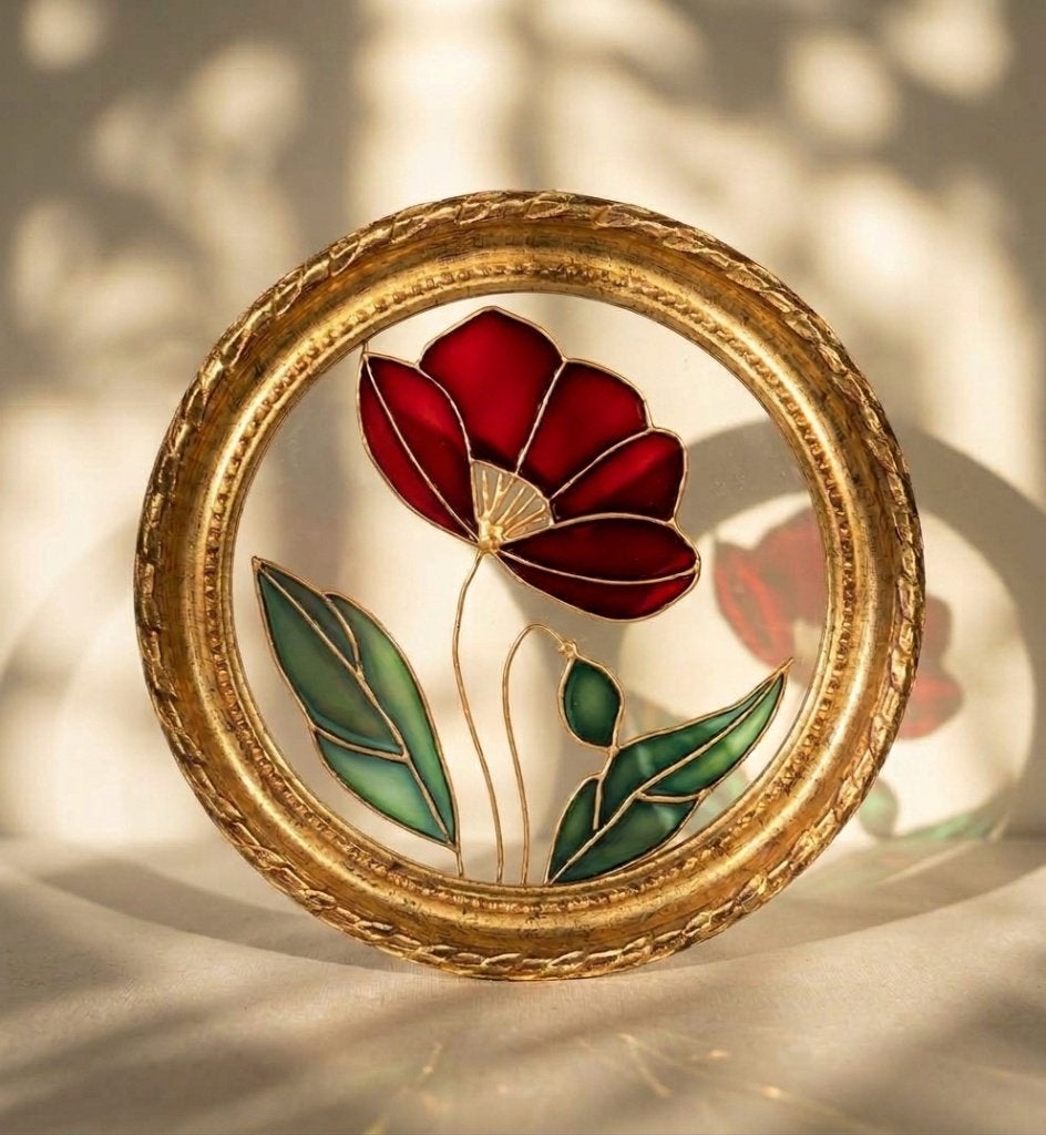 Klaproos in glas in lood stijl in vintage gouden lijst roos, Verzenden