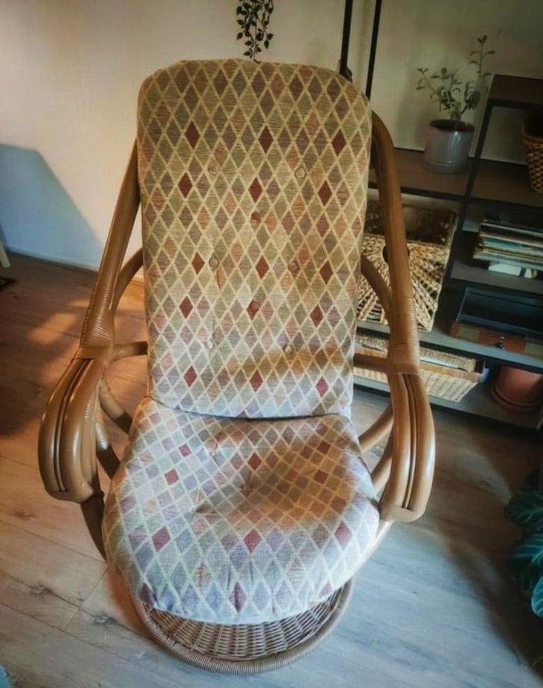 Vintage Bamboe Manou Stoel met Kussen, Huis en Inrichting, Stoelen, Gebruikt, Bruin, Vintage, Bohemian, Retro, Eén