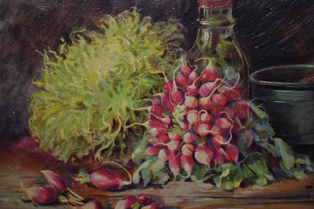 frk 1910 stilleven  groente radijs fles azijn pot lepels, Ophalen of Verzenden, Voor 1920, Sterren en Beroemdheden