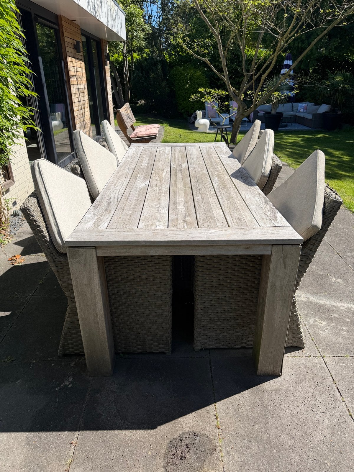 Teakhouten tuintafel met zes stoelen, Ophalen, Gebruikt, Eettafel, 6 zitplaatsen