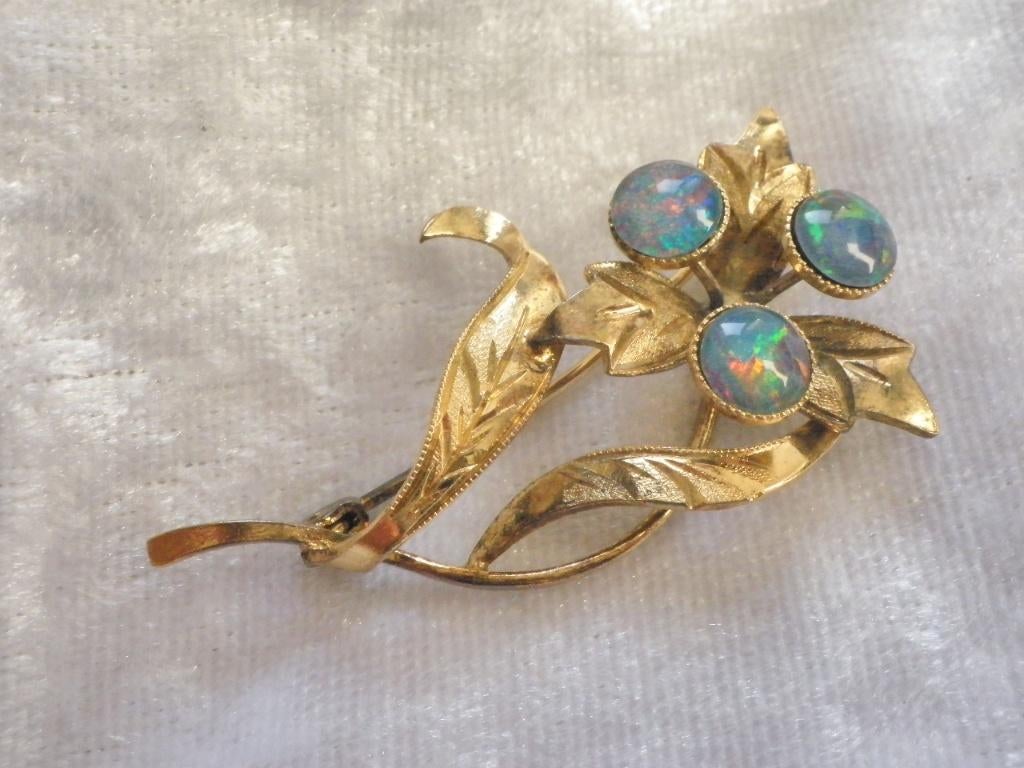 Mooie Sierlijke Vergulde Zilveren Broche met Opalen, Verzenden, Zilver, Broche, Verguld