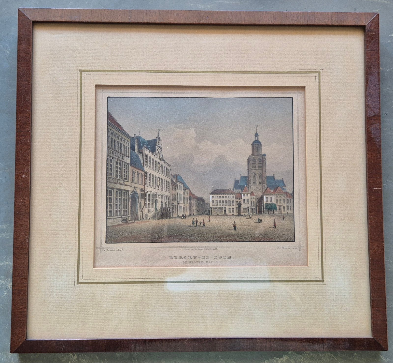 Antieke handgekleurde gravure "Bergen-op-Zoom, 1800 - 1899, Stadsgezicht, Ophalen of Verzenden, Gravure