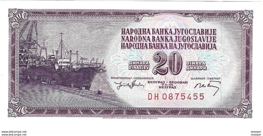 yugoslavia 20 dinara 1974 85 unc, Verzenden, Joegoslavië, Los biljet