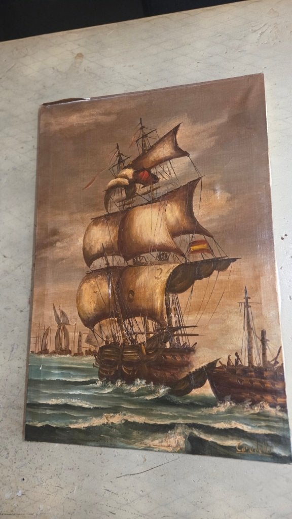 Casadella schilderij – driemaster op woelige zee, Ophalen, Maritiem / water, Doek, Realistisch
