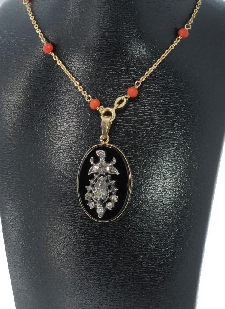 Diamanten onyx antiek 14k gouden medaillon hanger ketting, Verzenden, Goud, Hanger, Met edelsteen