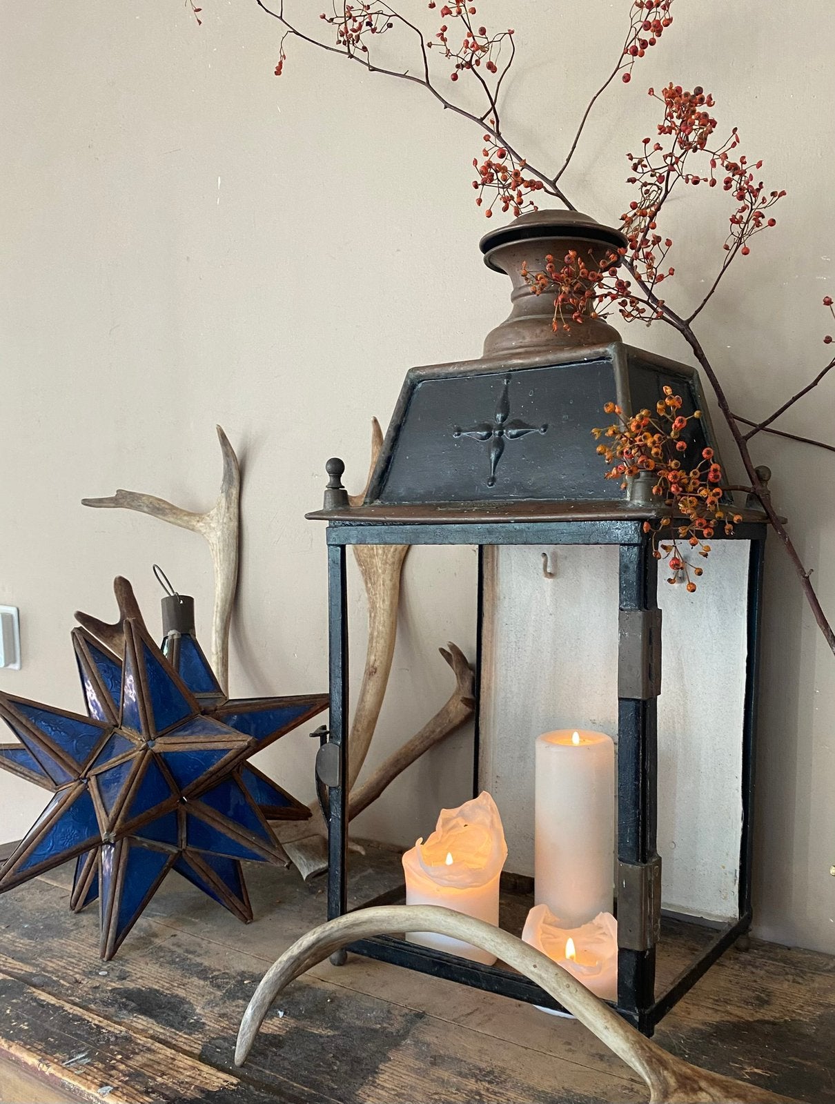 Grote antiek franse lantaarn, kerst vitrine, Antiek en Kunst, Ophalen of Verzenden
