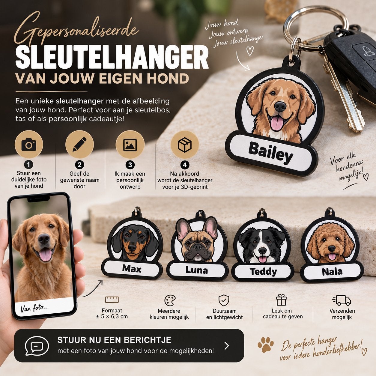 Gepersonaliseerde sleutelhanger van jouw eigen hond, Verzamelen, Ophalen of Verzenden, Nieuw, Dier of Natuur