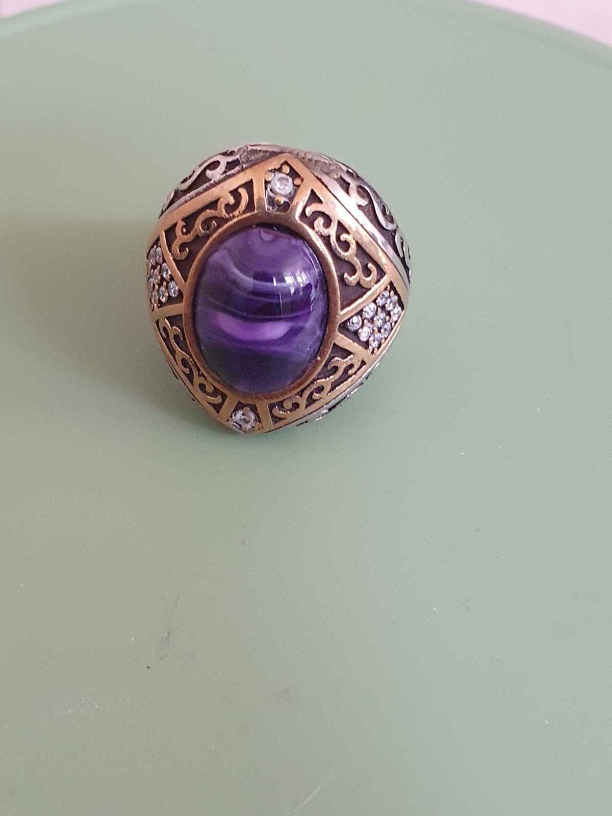 Zilveren ring met paarse agaat en zirkonia's, Ophalen, 18 tot 19, Met edelsteen, Paars