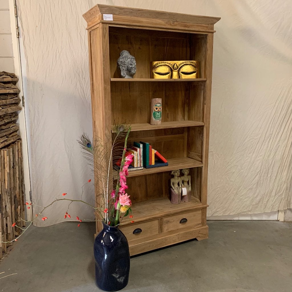 boekenkast teak met 4 planken en 2 lades - Gratis bezorgd