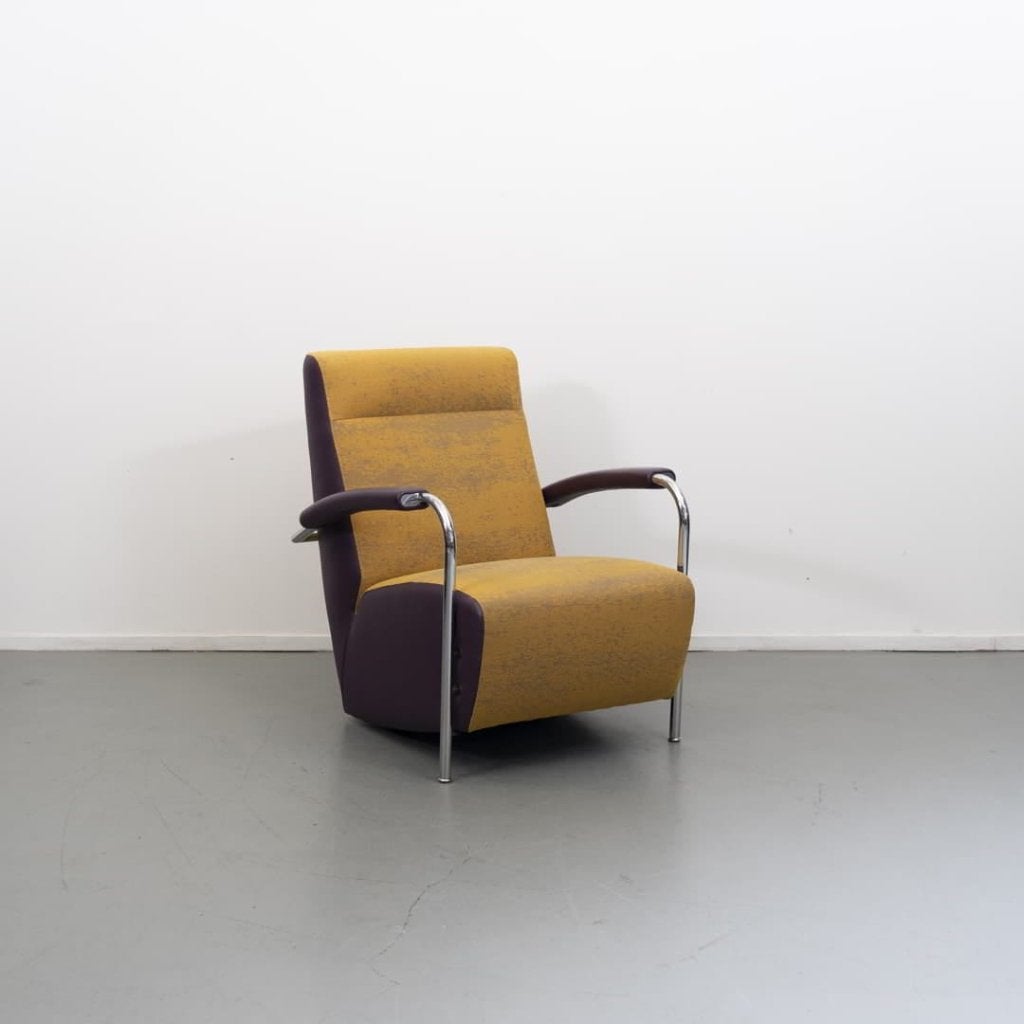 Leolux Scylla Hoog Fauteuil Geel/Paars Stof + Hocker, Niet ingevuld, Zo goed als nieuw, Niet ingevuld, Niet ingevuld