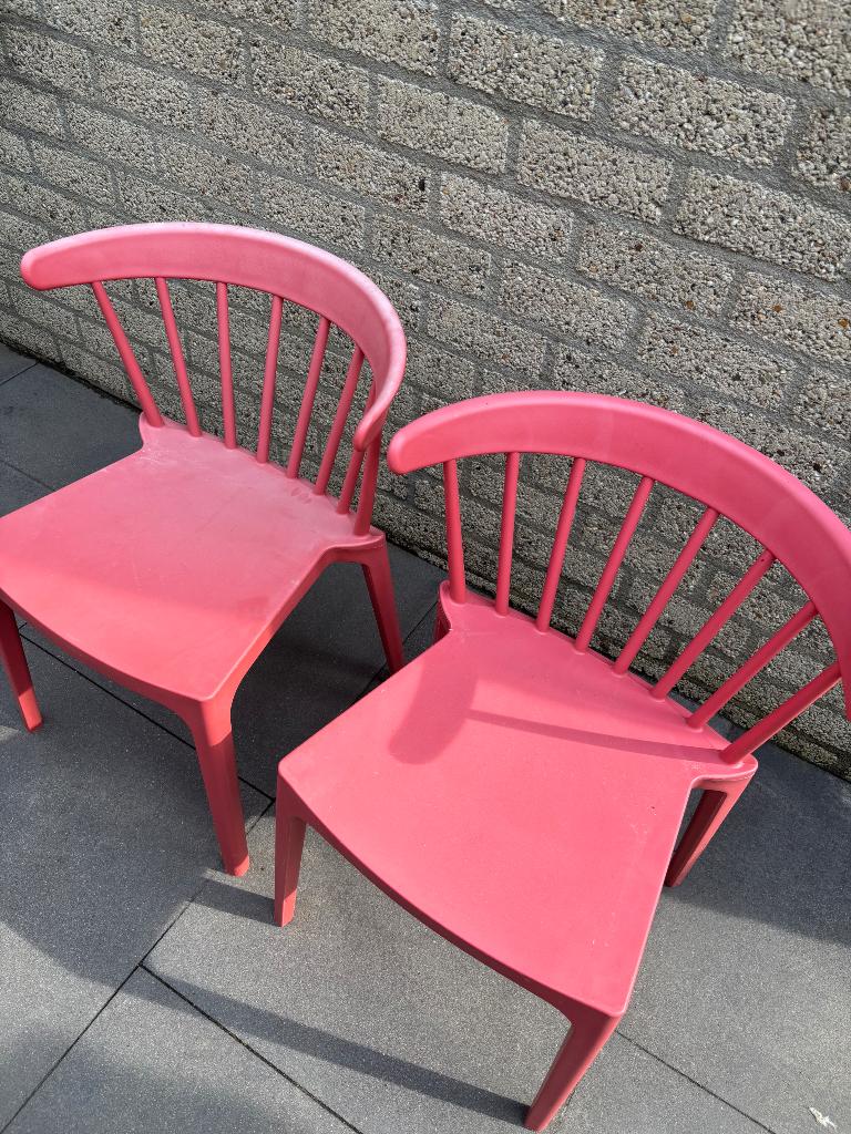 6 rood roze tuinstoelen, Tuin en Terras, Tuinstoelen, Ophalen, Gebruikt, Kunststof, Stapelbaar