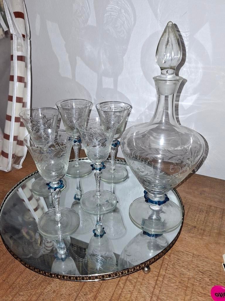 Vintage Glazen Karaf en Glazen Set met Blauwe Accent, Ophalen of Verzenden