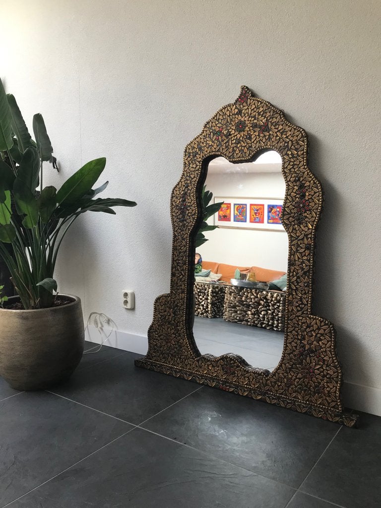Indiase oosters handwerk spiegel metaal hout steen groot, Huis en Inrichting, Verburgt Vintage, 100 tot 150 cm, Nieuw, Ophalen of Verzenden