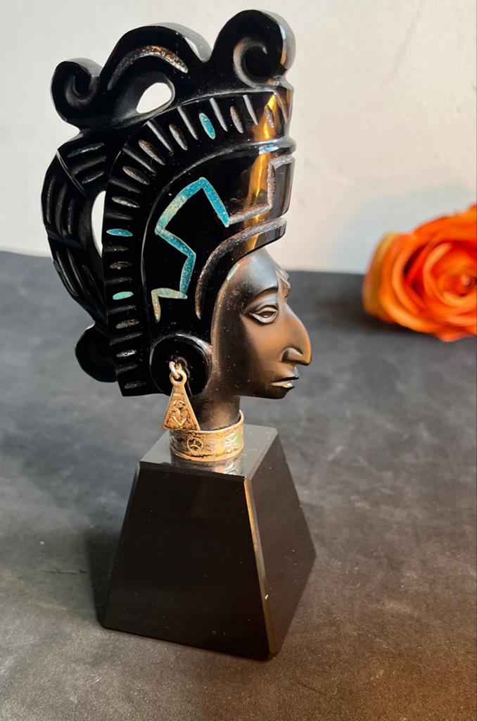 Antiek Onyx Sterling Zilver Azteekse Koning Buste, Minder dan 20 cm, Verzenden, Buste, Handgemaakt