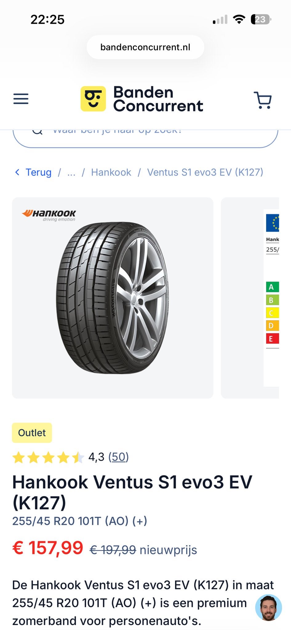Hankook Ventus S1 evo3 EV (K127) 255/45 R20 101T (AO) (+), Auto-onderdelen, Gebruikt, 255 mm, Ophalen of Verzenden, Band(en)