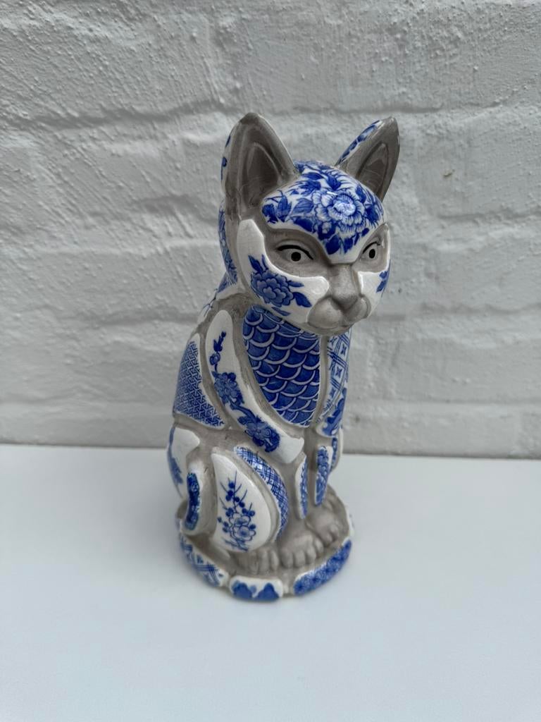 Vintage Nancy Lopez Keramische Kat 1981- Blauw-Wit Mozaïek, Ophalen of Verzenden