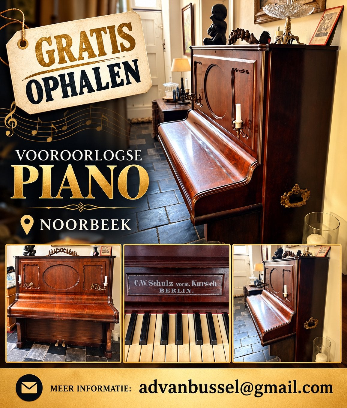 Prachtige Vooroorlogse Piano met Ivoren Toetsen