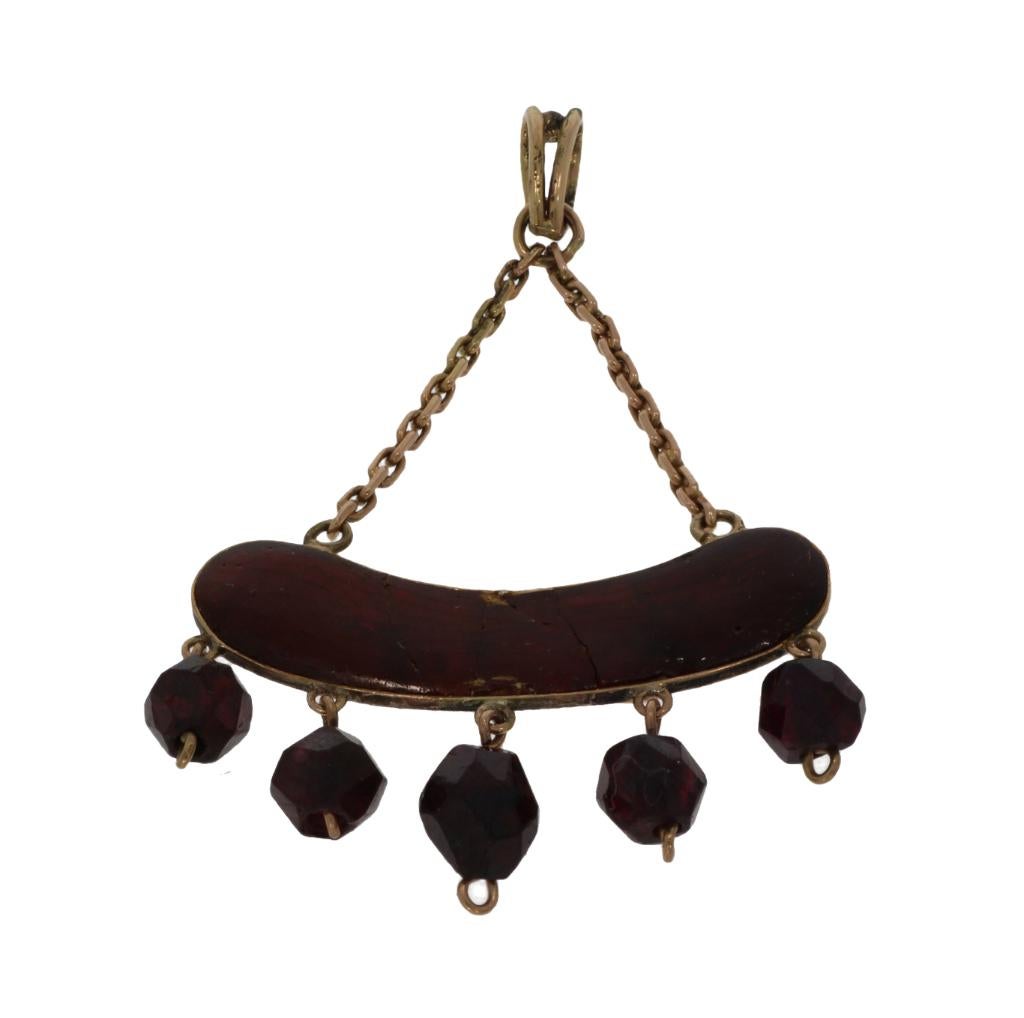 Granaat antieke 14k gouden ketting hanger zeeland filigrain, Verzenden, Goud, Hanger, Met edelsteen