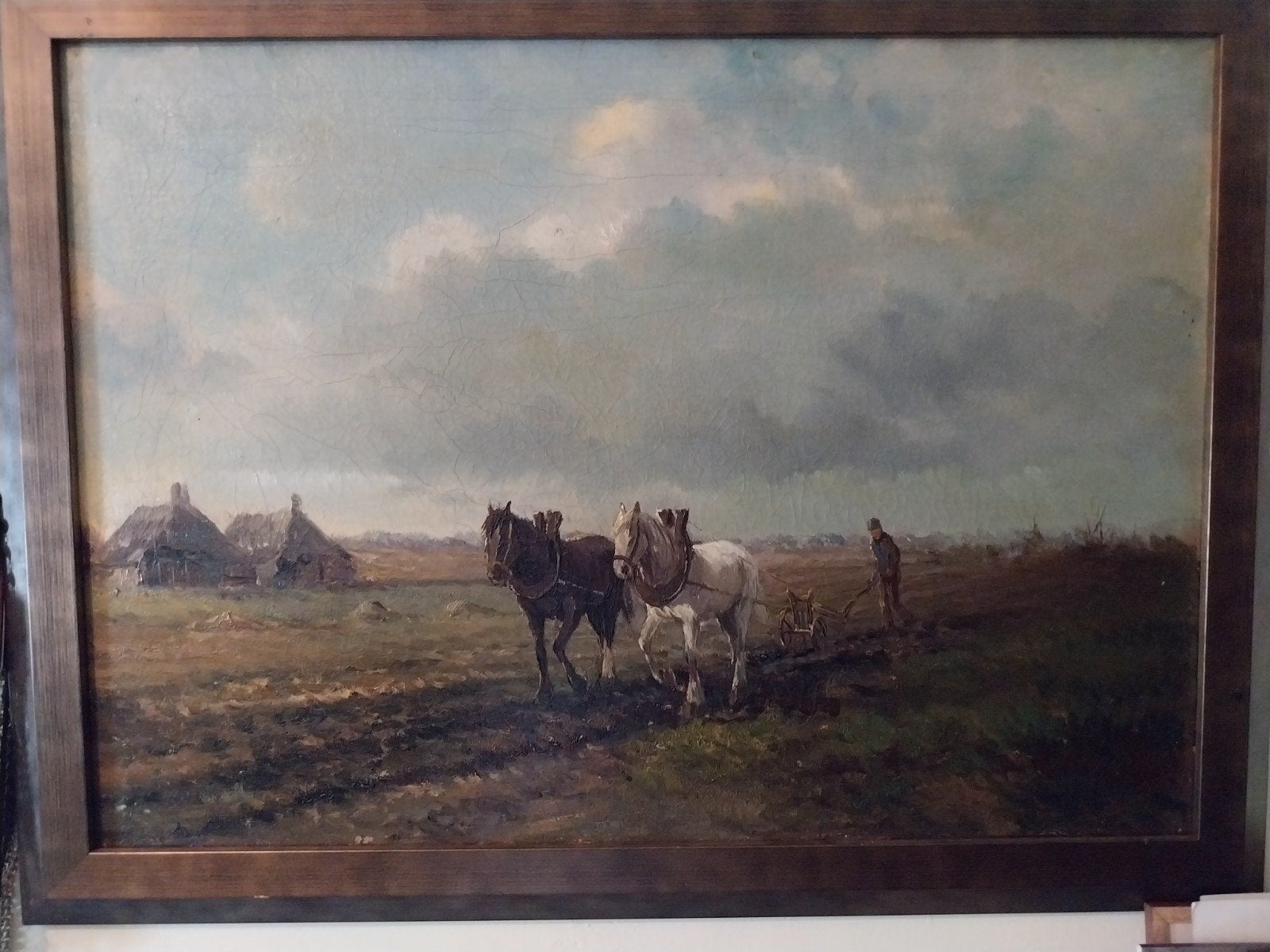 Olieverfschilderij: Ploegende boer met paarden, Ophalen, Doek, Realistisch, Origineel werk