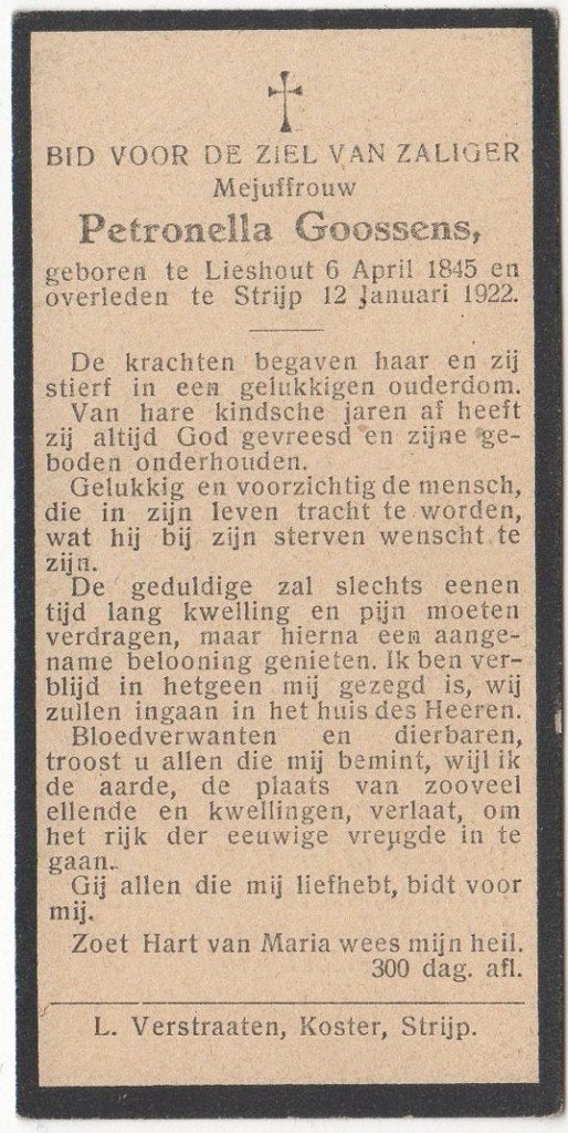 Petronella Goossens 1845 Lieshout + 1922 Strijp Eindhoven, Ophalen of Verzenden