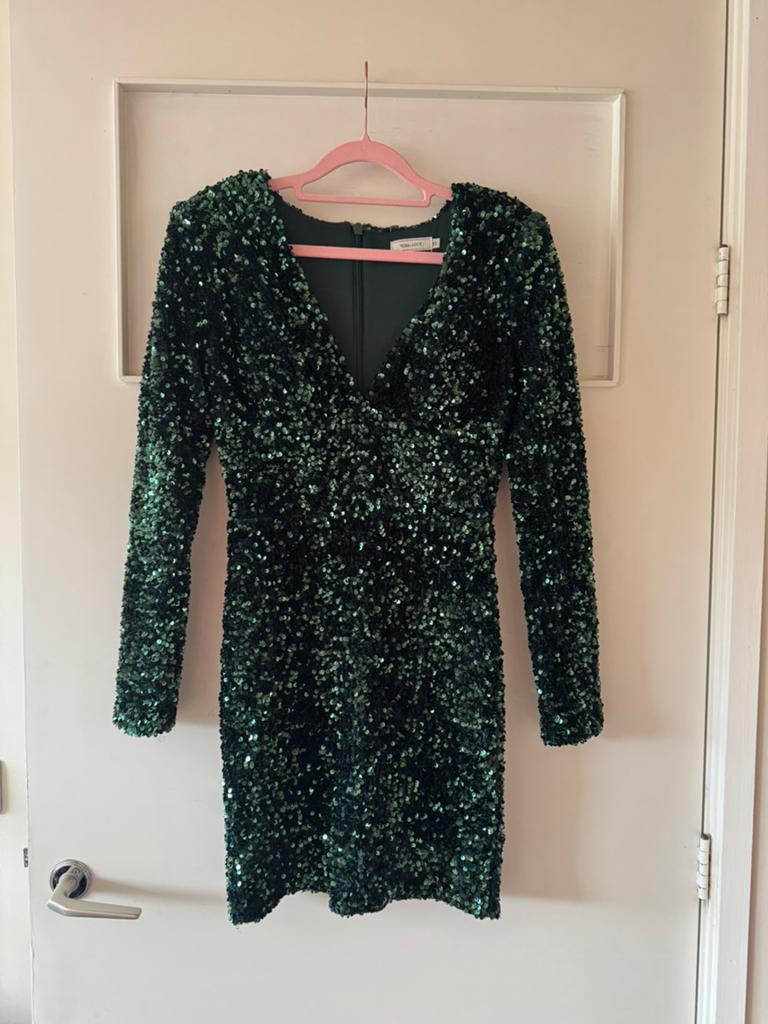 Glitter jurkje groen met pailetten van Vera & Lucy maat XS, Ophalen of Verzenden, Zo goed als nieuw, Maat 34 (XS) of kleiner, Boven de knie