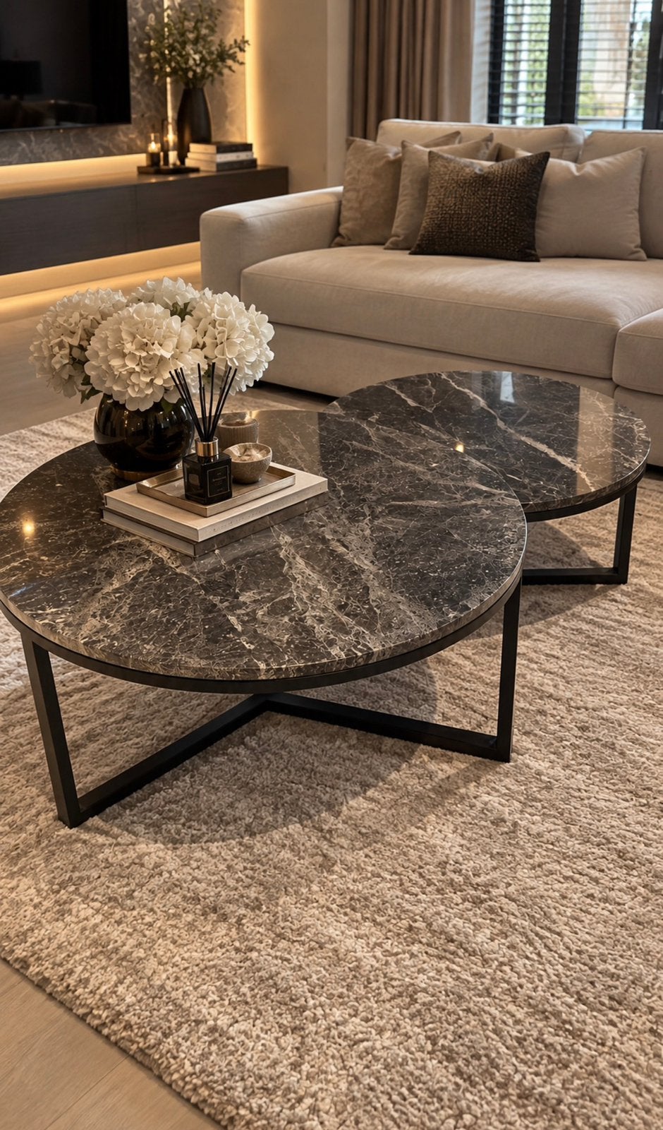 Set van 2 Luxe Ronde Marmeren Salontafels – Zwart, Ophalen of Verzenden, Nieuw, Rond, 50 tot 100 cm