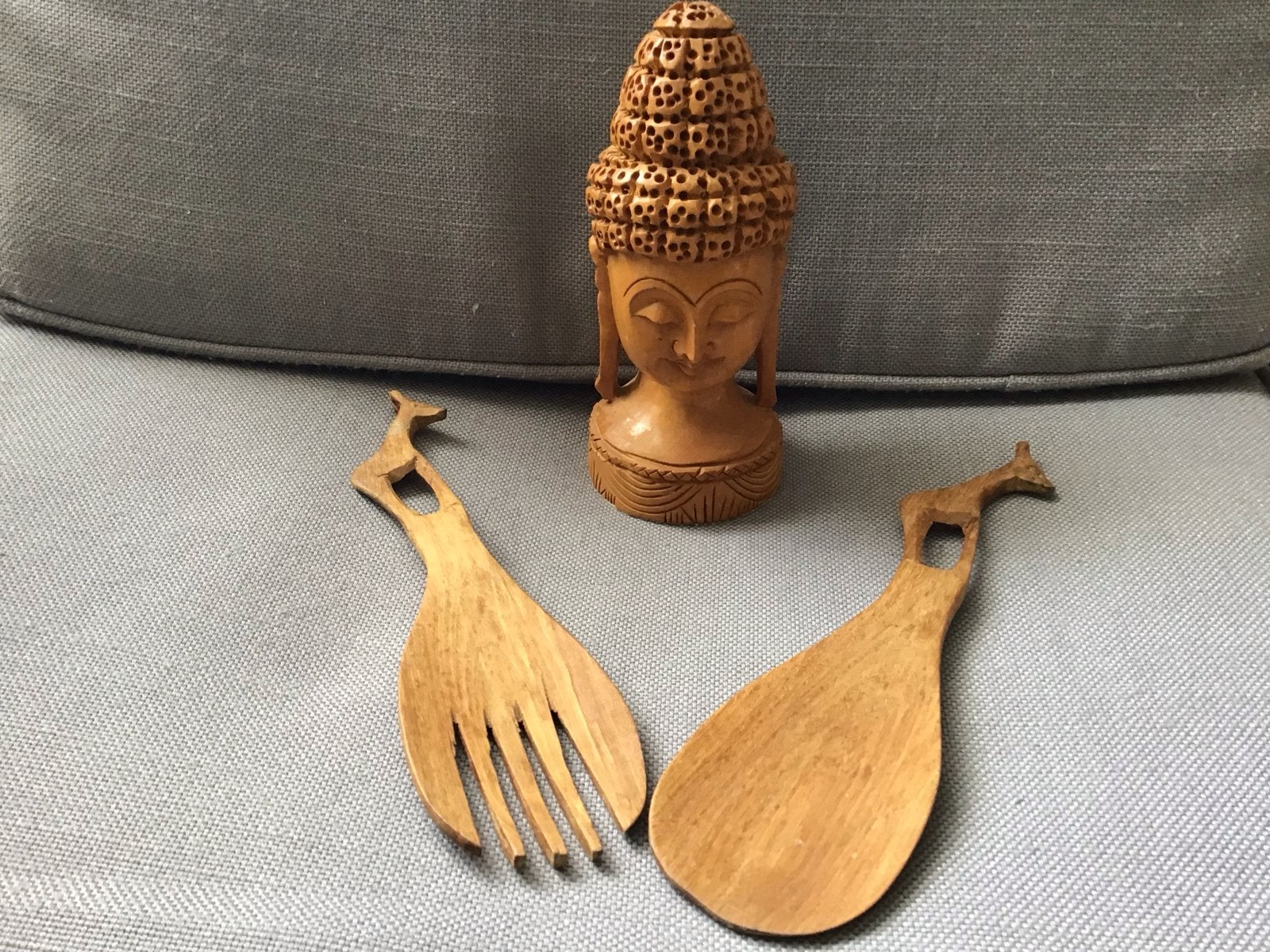 Houten Boeddha beeld en saladebestek met giraffe nieuw, Hout, Nieuw, Ophalen of Verzenden, Oosters