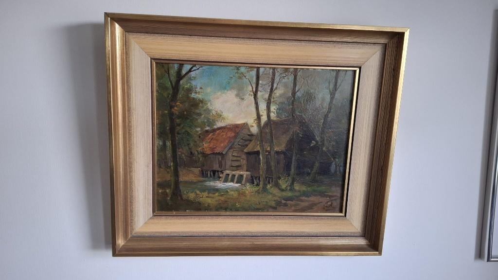 Schilderij op houten paneel van Watermolen in houten lijst, Ophalen