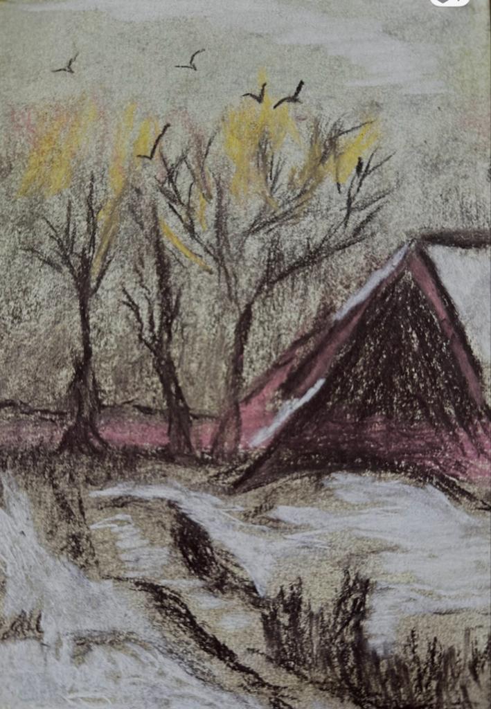 Pastel: Winterlandschap met huis en vogels, Ophalen of Verzenden