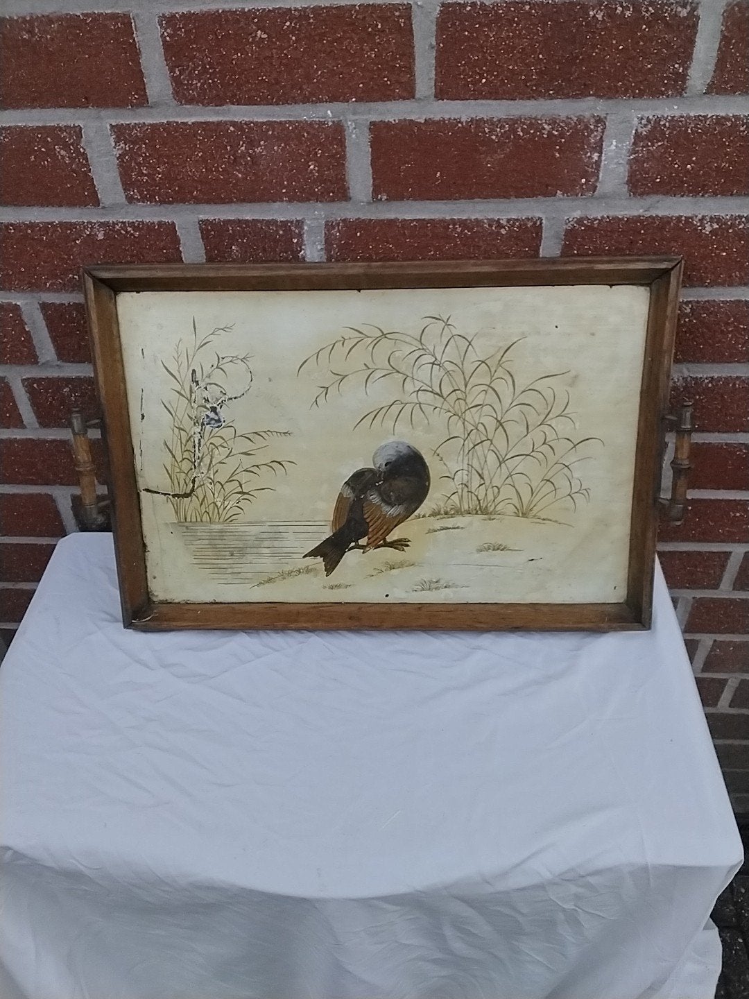 Vintage Dienblad met Oosterse Vogel en Bamboe Decoratie, Ophalen of Verzenden