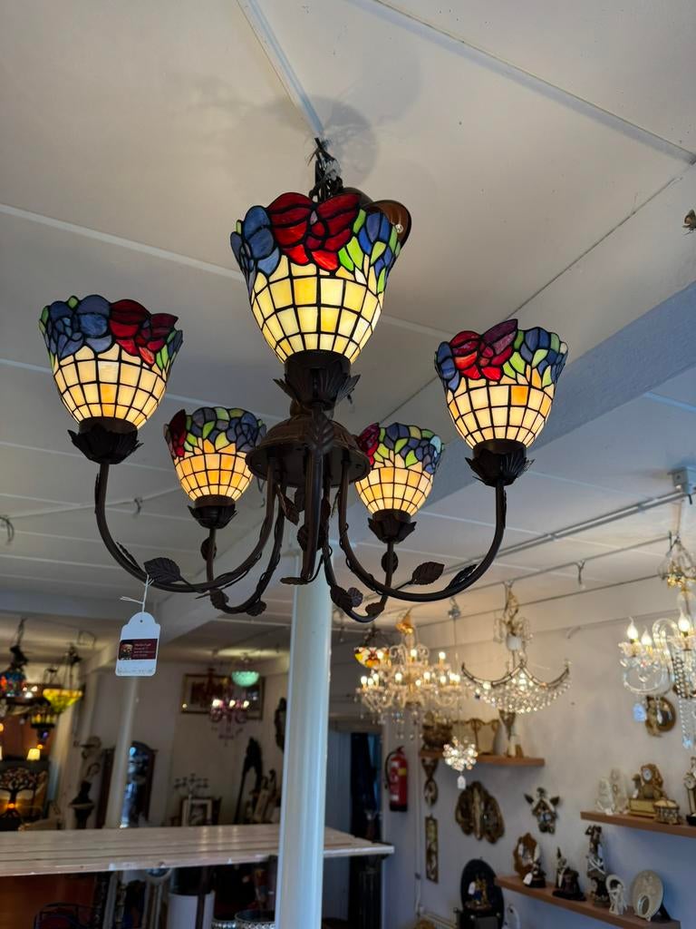TIFFANY HANGLAMP, TAFEL, WAND ENZ. Handwerk glas -lood/koper, Ophalen, ANTIEK, BROCANTE ,TIFFANY, Info@demmerik73.nl, Nieuw