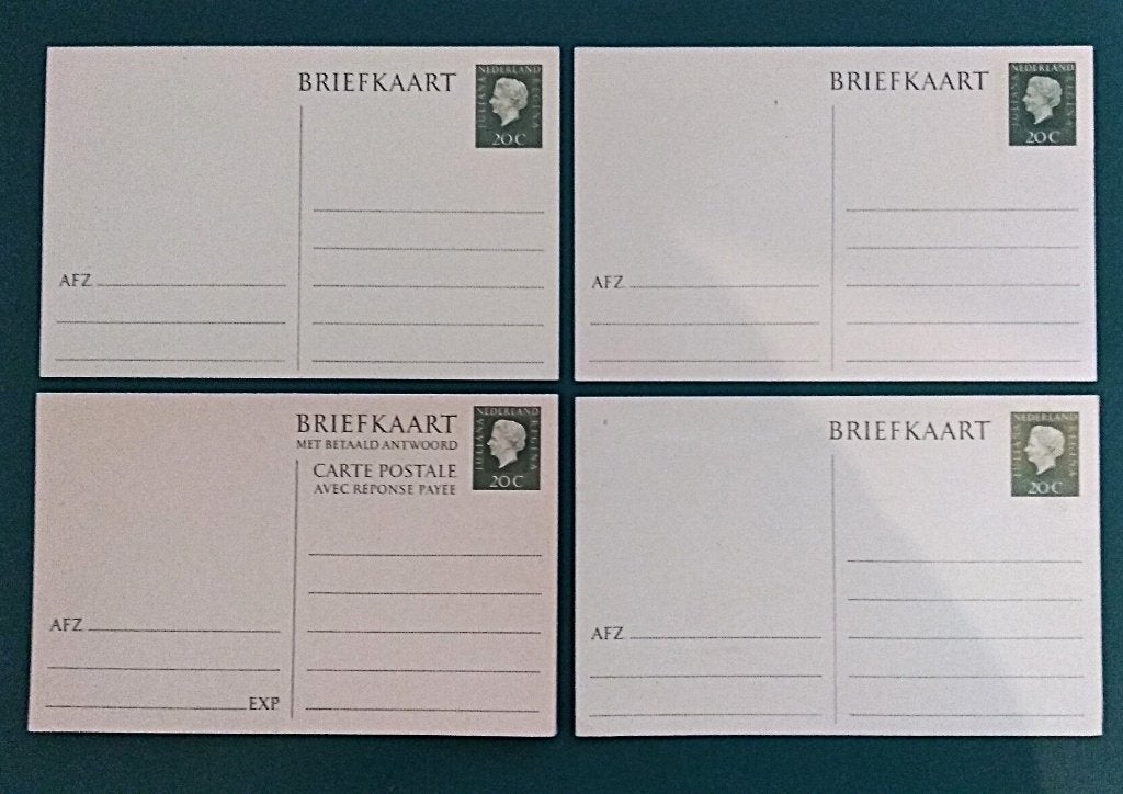 Briefkaart 4x Juliana 20ct 1969 G.342/343a+b/344 m/z fosfor, Postzegels en Munten, Verzenden, Briefkaart