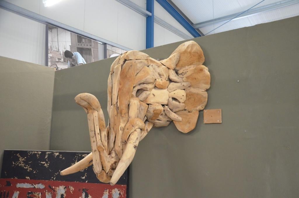 Handgesneden grote Olifantenkop van Teakhout, Houtsnijwerk, Verzenden, 50 - 100 cm, Hout