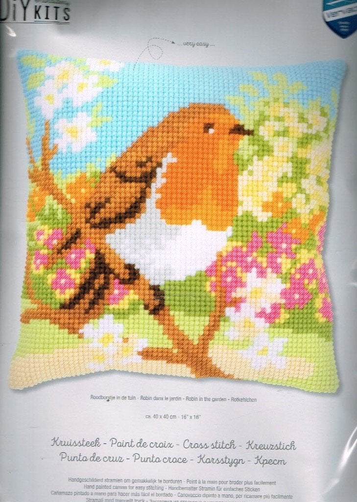 Cado vervaco borduurpakket kussen ROODBORSTJE IN DE TUIN, Hobby en Vrije tijd, Ophalen of Verzenden, Nieuw, Handborduren, Borduurpakket