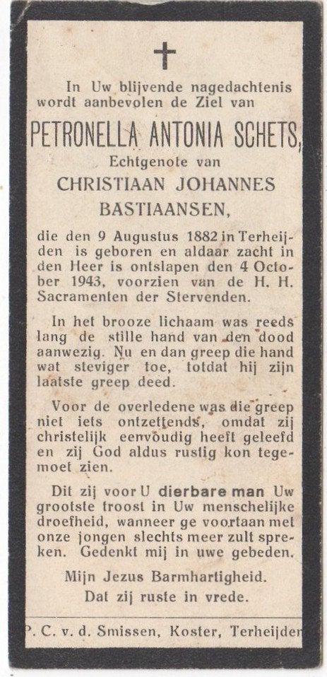 Petronella A. Schets 1882 Terheijden + 1943 Terheijden, 61 j, Verzenden