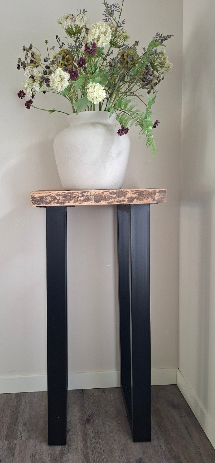 Hoge tafel met houten blad en metalen poten, Ophalen, Minder dan 55 cm, Vierkant, Zo goed als nieuw