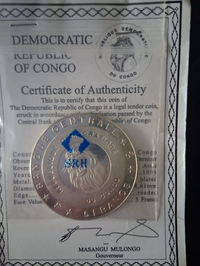 Herdenkingsmunt 5 Francs Congo 1999  + Certificaat, Ophalen of Verzenden, Koningin Juliana, Overige waardes, Setje