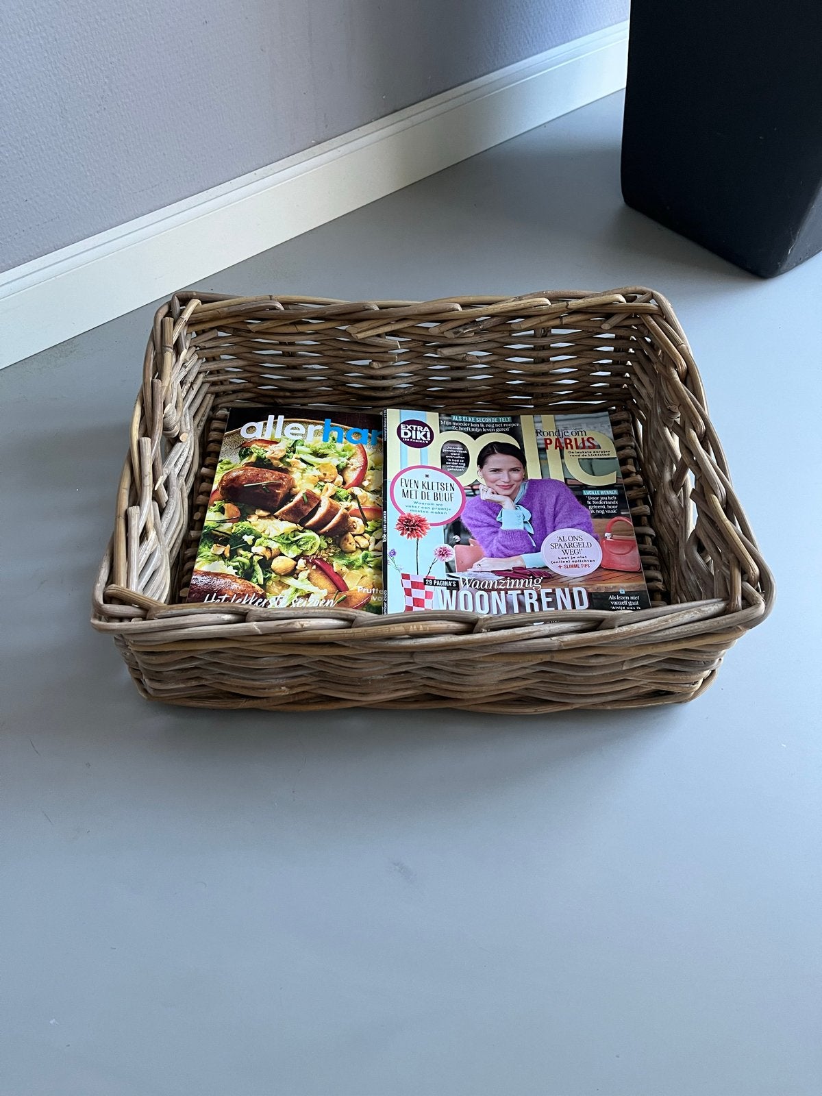 Stevige rieten lectuurmand - L 44, B 34, H 14, Gebruikt, Gevlochten, Mand, Ophalen of Verzenden