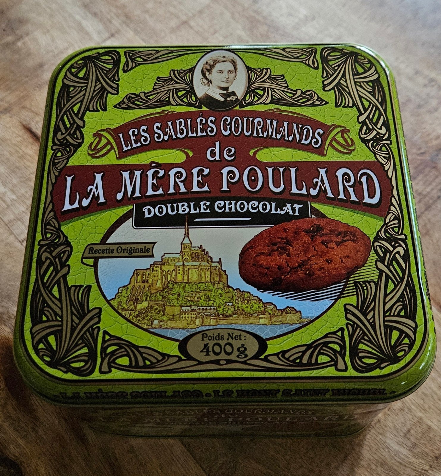 La Mère Poulard Chocolade koekblik uit Saint Michel France !, Ophalen of Verzenden, Zo goed als nieuw, Koek(jes), Overige merken