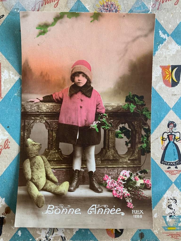 Bonne Année - meisje met teddybeer, Ophalen of Verzenden, Voor 1920, Feest(dag)